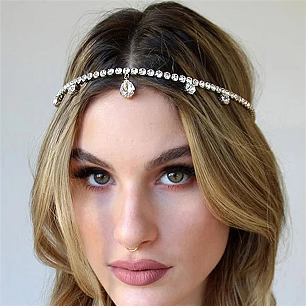 Bohemian Bridal Rhinestone Hair Chain Headpiece for Women Water Drop Pendant Crystal Forehead Chain Headband Jewelry Gift