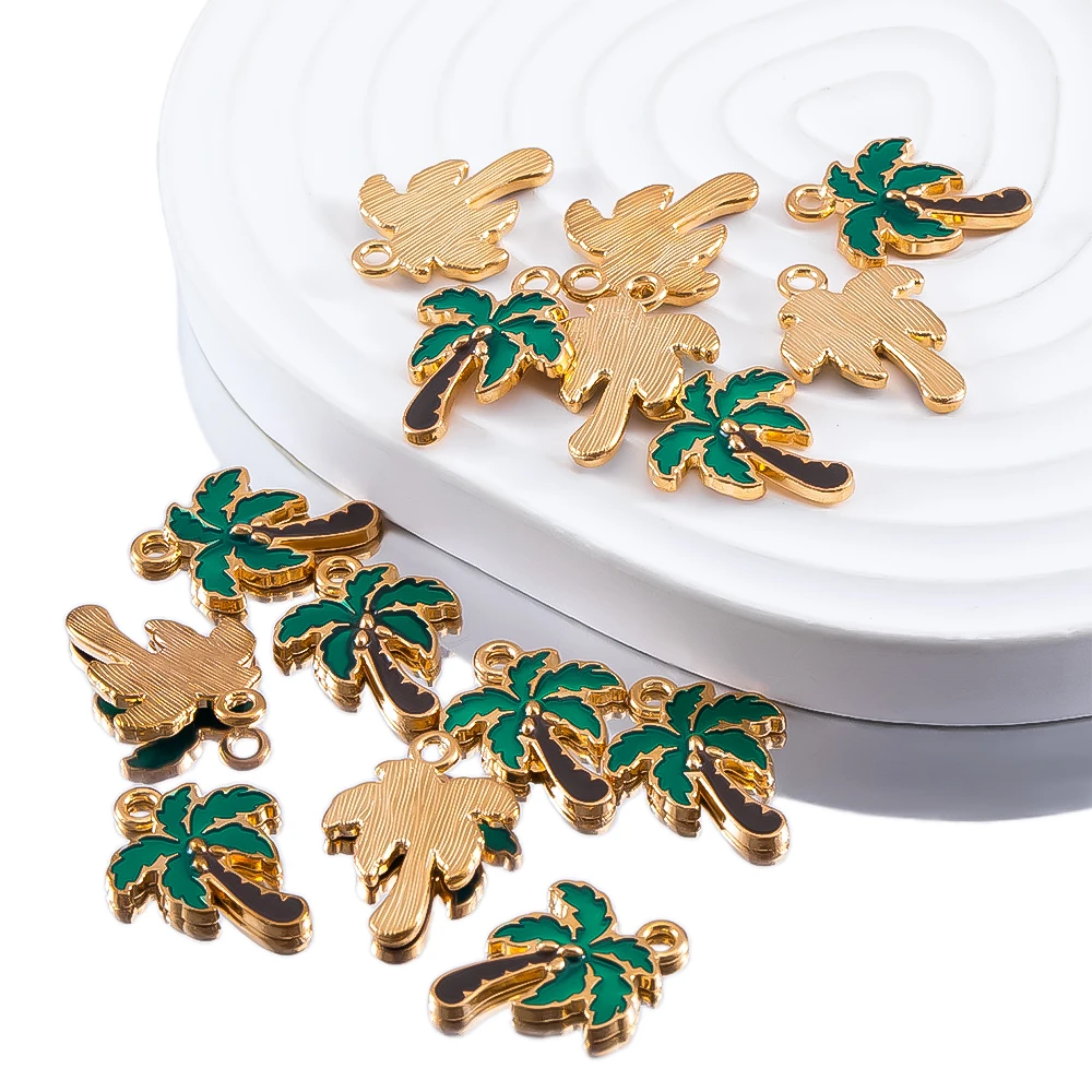10pcs Coconut Palm Tree shaped Dripping Oil Alloy Charm Pendant For DIY Necklace Earring Bracelet Beach Series Jewelry Accessory
