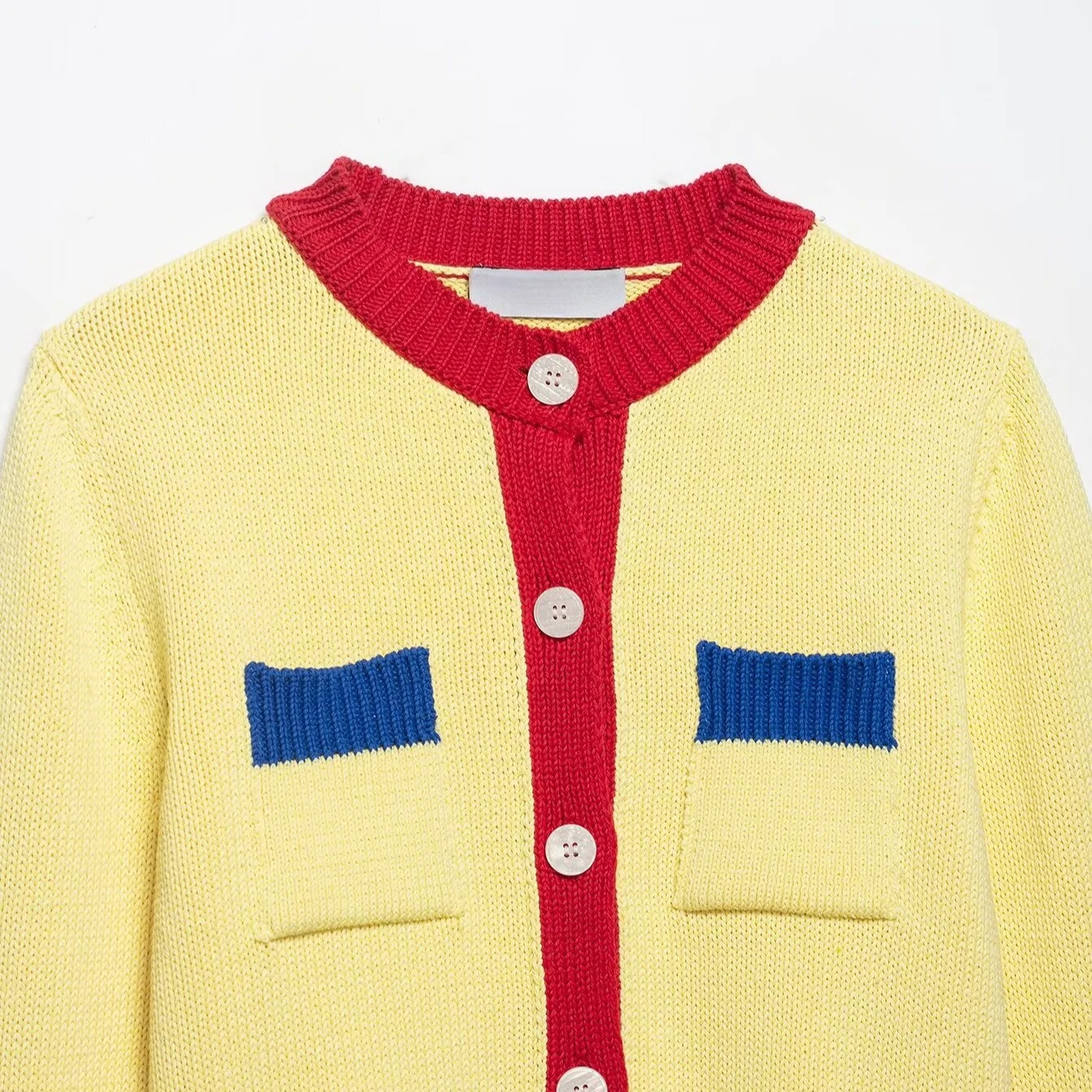 Color Block Contrast Knit Cardigan Round Neck Yellow Base Red Placket Green Cuff Hem Blue Pocket Cropped Women Sweater Outerwear view 3
