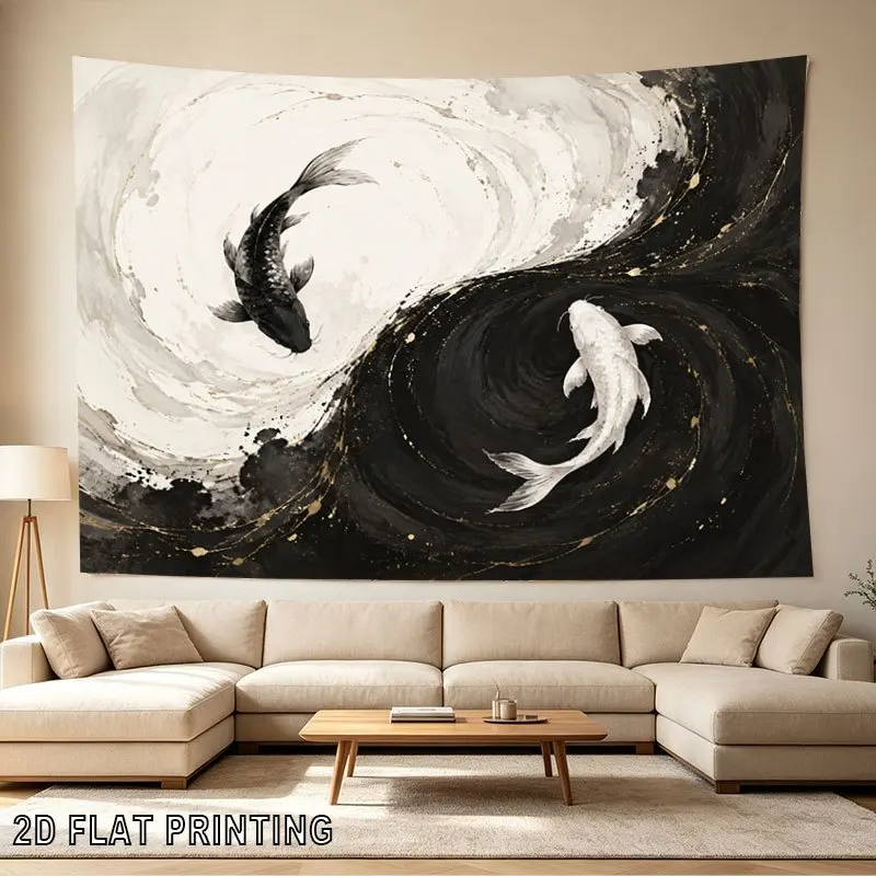 Ink Koi Fish Wall Tapestry, Yin Yang Black White Carp with Gold Splash, Oriental Abstract Art Hanging for Living Room Wall Decor