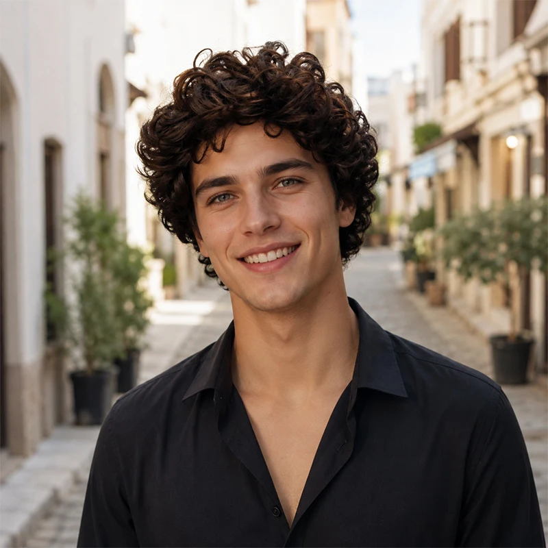Dark Brown Short Curly Men Wig Synthetic Fluffy Voluminous Full Wig Natural Hairstyle Daily Party Cosplay Costume Headwear