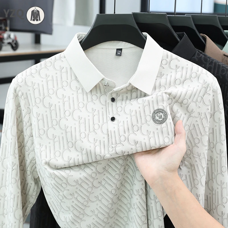 New Mens Lapel Polo Short Sleeve Full Letter Pattern Print Chest Embossed Logo Relax Fit Light Mesh Casual Shirt