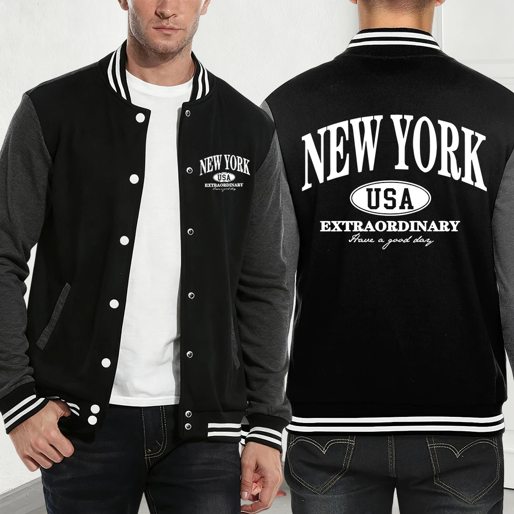 

New York Usa Words Printed Coats Men'S Winter Loose Baseball Jersey Casual Comfortable Jackets Basics Pocket Fleece Warm Clothes