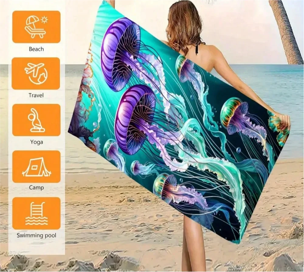 Strandtuch mit Quallenmuster aus ultrafeiner Faser, schnell trocknend, starke Wasseraufnahme, Badetuch mit Strand-, Schwimmbad- und Ozeanmuster