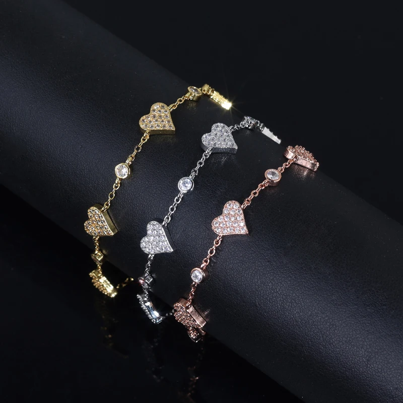 Cute Lovely CZ Station Link Chain Jewelry 3 Color Sparking 5A Cubic Zirconia Heart Charm Bracelet