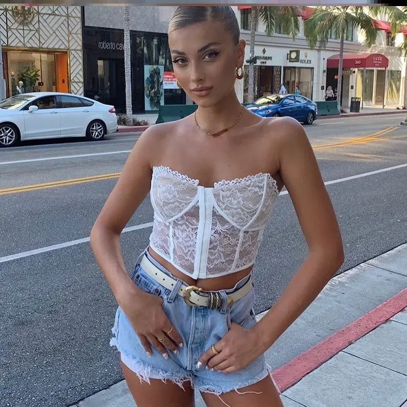 Top Corto de Encaje Sexy, Brtte sin Tirantes con Cierre de Gancho, Ropa Interior, Top Corto sin Mangas con Bordes, Color P...