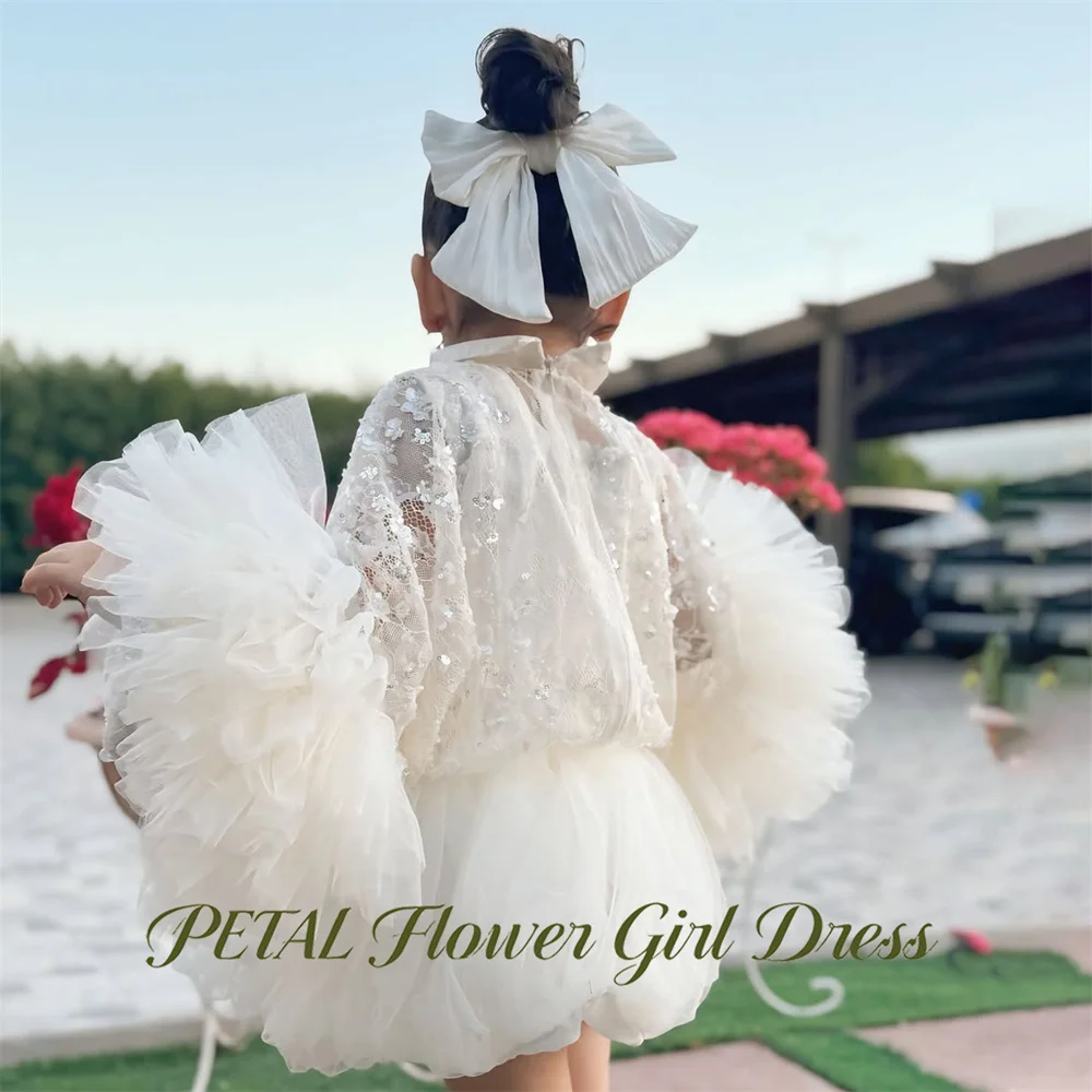 Petal Ivory Kids Birthday Party Dress Long Fluffy Sleeve Pageant Dress for Girl Vintage Lace Embroidery First Communion Gown