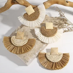 AENSOA Natural Raffia Woven Fan Shaped Drop Earrings for Women Lightweight Handmade Geometric Wooden Earrings Beach Jewelry Gift