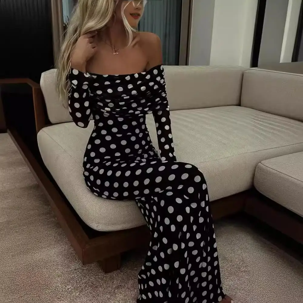 

Summer Women Dot Print Slash Neck Dress Sexy Off Shoulder Long Sleeve A Line Dresses Casual Boho Party Hip Package Female Robe