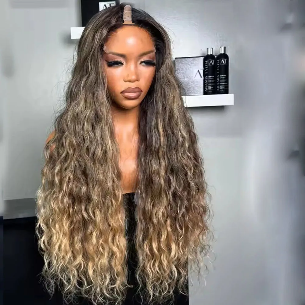 Highlight Chestnut Ash Brown Bayalage Lockige V-Part-Perücken, einfach zu tragen, klebefrei, U-förmige Echthaarperücken für schwarze Frauen – Detail 1