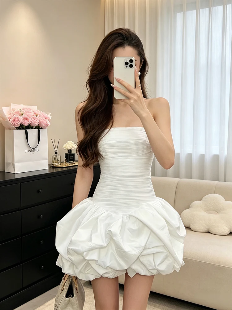 

White Bridesmaid Dress Women's Design Sense Pleated Waist Slimming Puffy Short Skirt Dress Korean Style High Waist Short Dress