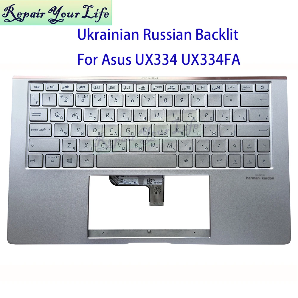 

Украинская русская клавиатура с подсветкой для Asus ZenBook 13 UX334 UX334FA UX334FL 13N1-96A0F11 13N1-95A0221, серебряные колпачки для клавиш Teclado