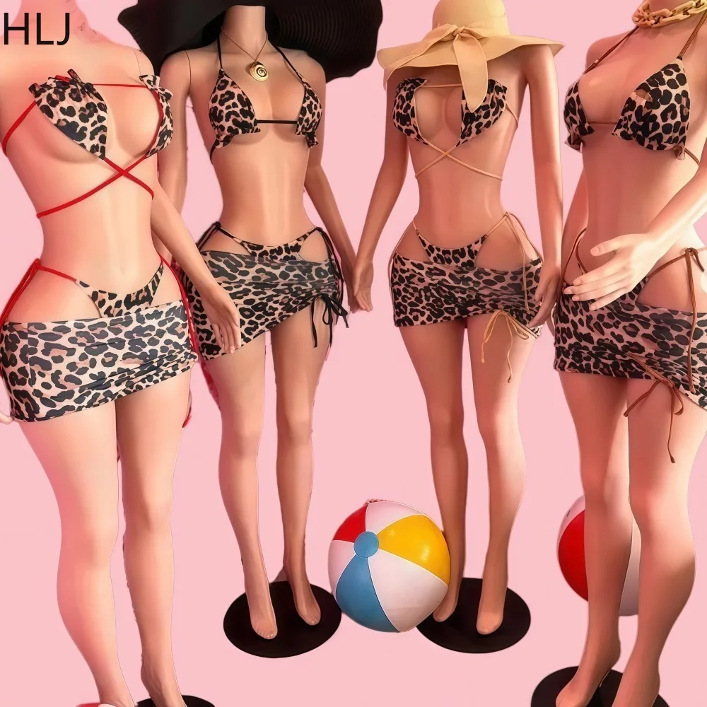 HLJ Sexy Leopard Printing Two-Side Wearable Reversible Leopard Bikini Women Swimwear Female Swimsuit Three-pieces Bikini Set New