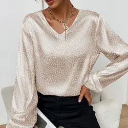 Office Lady Leopard Printing Chiffon Shirt Spring Autumn 2023 V-Neck Long Lantern Sleeve Loose Pullovers Blouse Women's Clothing