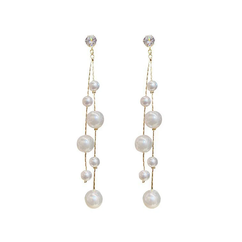 Korean Jewelry Elegant Simulated Pearls Long Dangle Earrings For Women  Vintage White Round Pearl Wedding  Earrings Gift