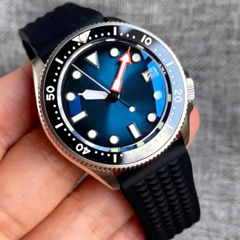 37mm Tandorio 20ATM Diver NH35 Sunburst Red Blue 120 Click Sapphire Luminous Automatic Men Watch Date 3.8 Crown Waffle Strap