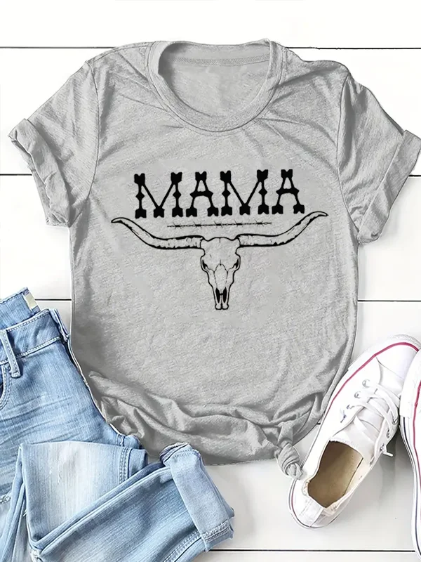 Hot Sale Popular Mother's Day Women T-shirt Vintage Cartoon Ox Skull Print Female Shirt Individuality Mama Slogan Girl Tee