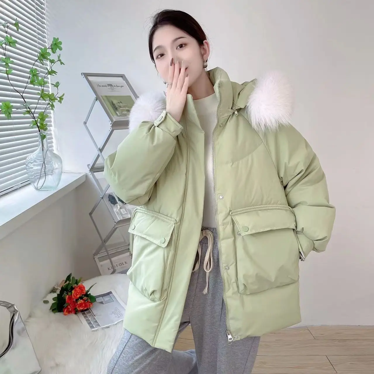Zimowa nowa damska kurtka puchowa, luźna parka z kapturem