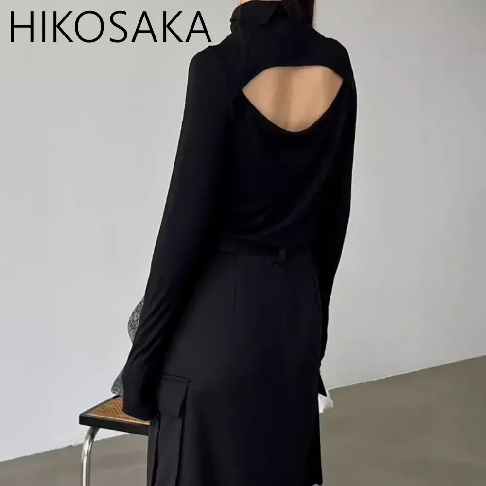 Sexy Hollow Out Backless Long Sleeve Pullovers All-match Turtleneck Bottomed Shirt 2024 Autumn Winter New Japanese Jumpers