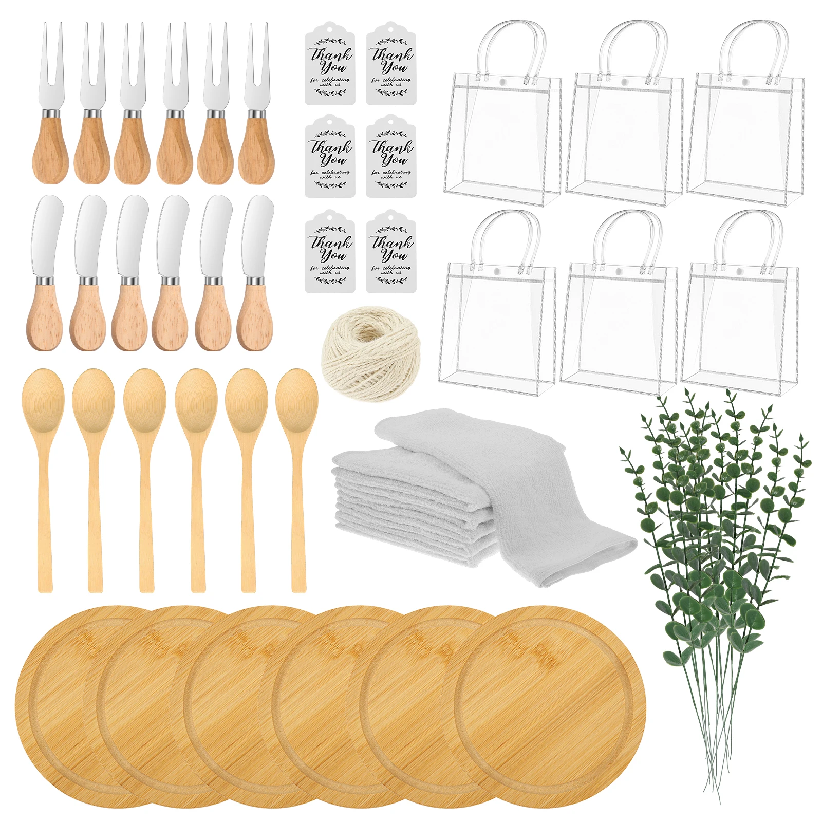 

55Pcs Baby Shower Cheese Prizes for Game Winners Bamboo Cheese Board Spoon Fork Butter Spreaders Present Bags for Wedding Party