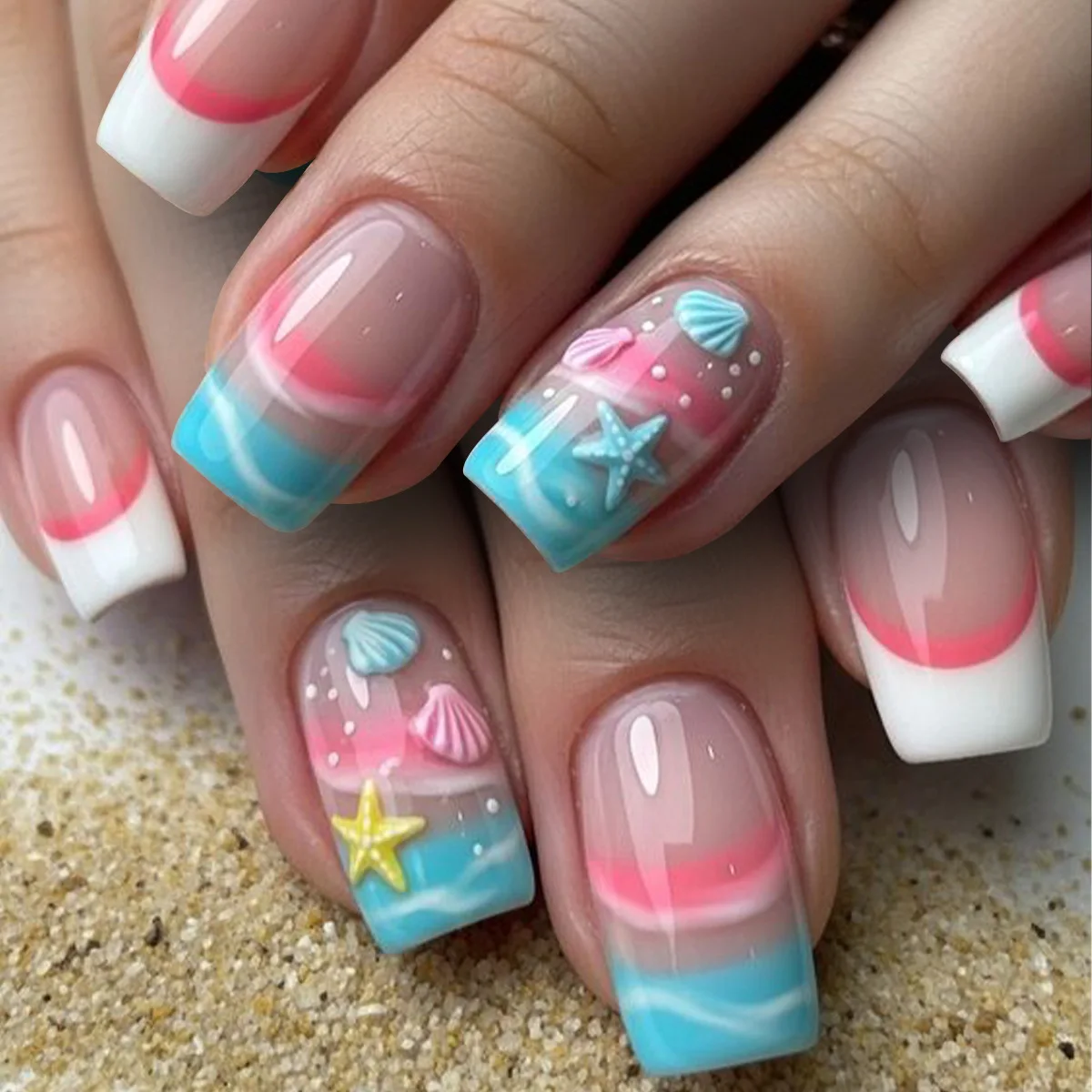 

24pcs Ocean Square Press on Nails Summer White French Short Ballet Fake Nails Tips Starfish Shell Pattern Acrylic False Nail Set