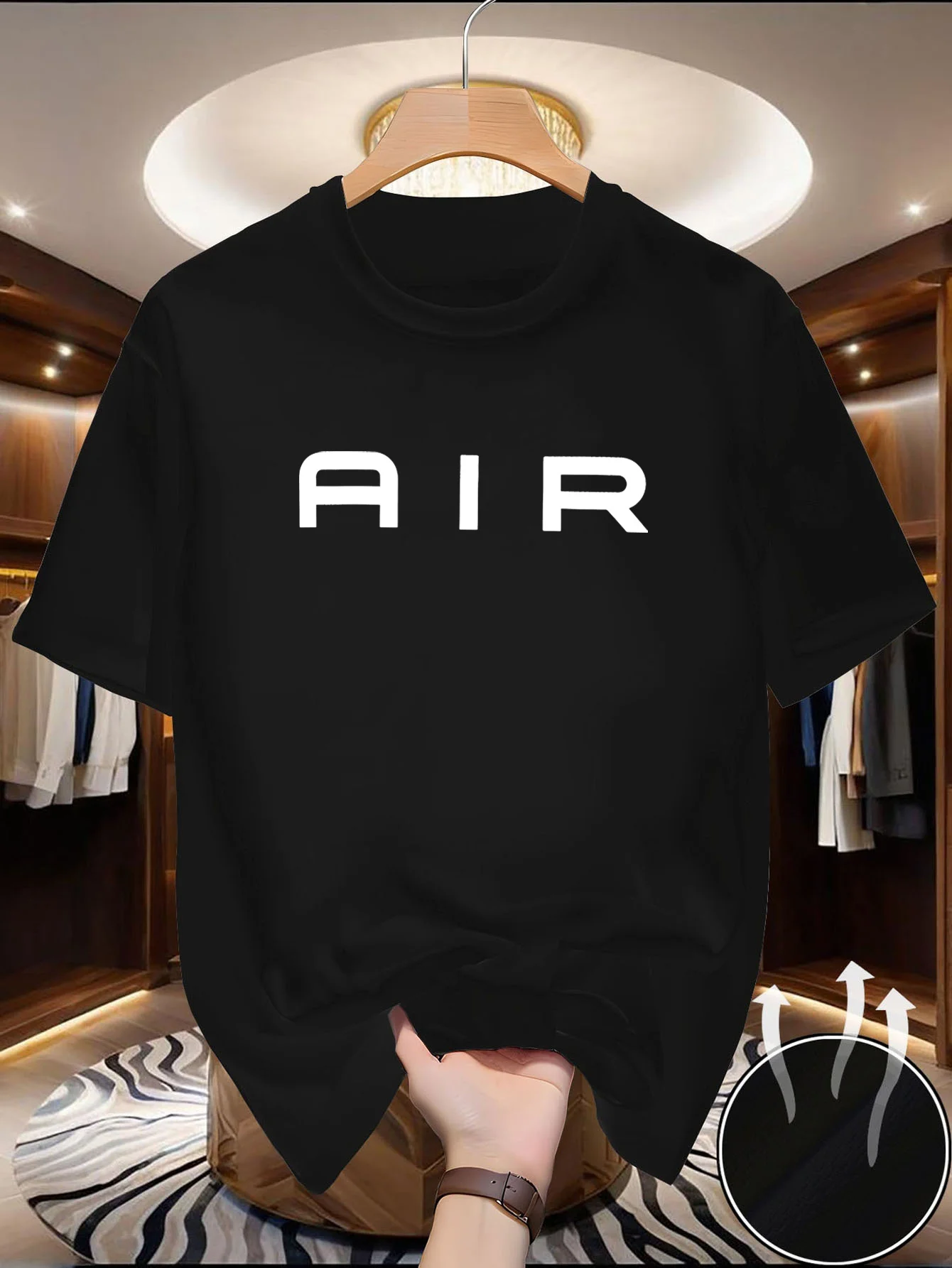 Camiseta Azul Marino para Hombre - Tela Suave y Elástica, Corte Holgado, Cuello Redondo, Manga Corta con Letras AIR en Negrita, Ligera para Verano