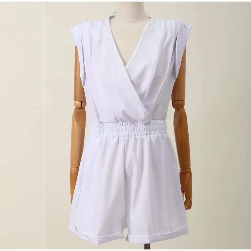 2024 Summer Sexy V-neck Backless Sleeveless Casual Elastic Short Playsuit Women Solid Overalls Large Size 3XL Loose Tunic Romper