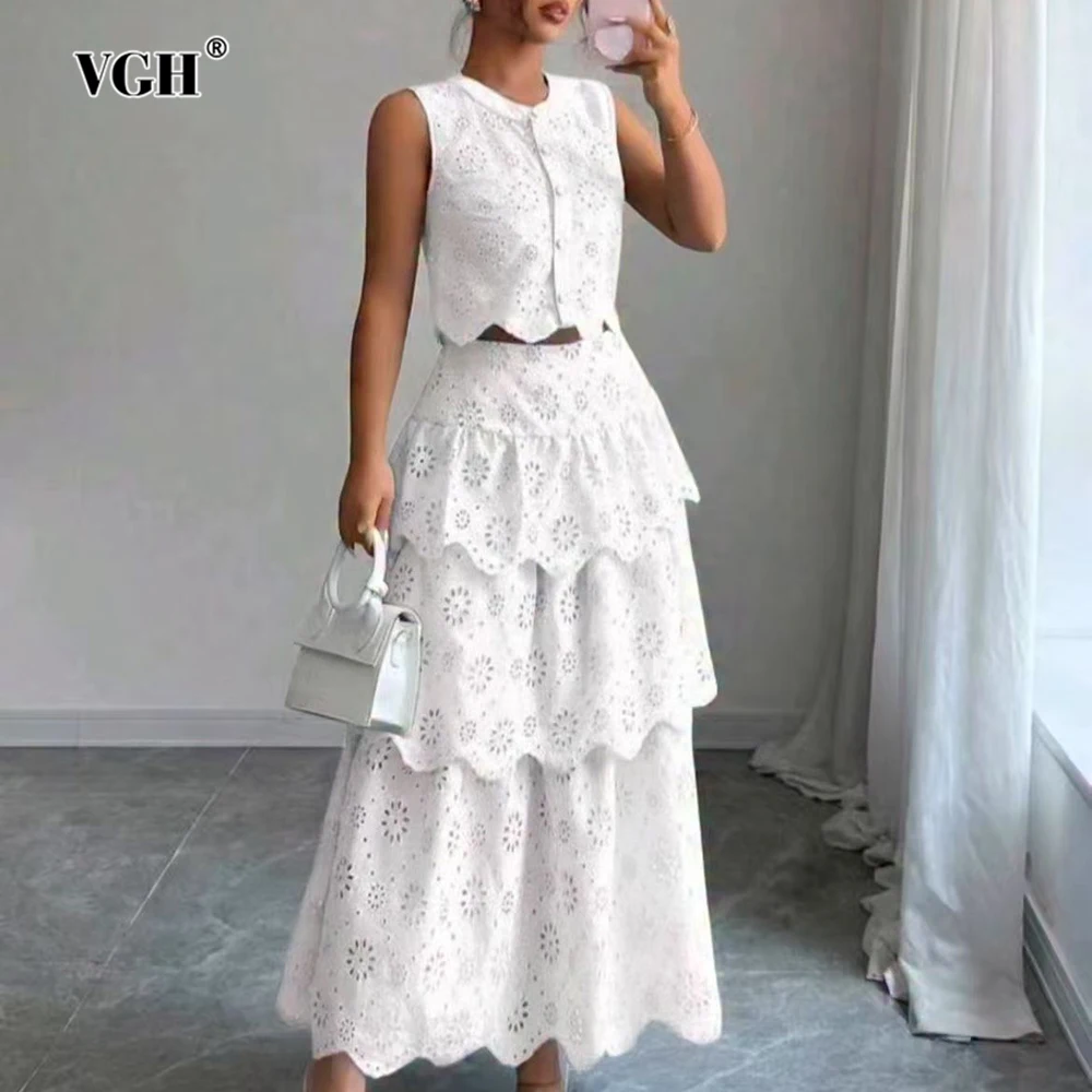 

VGH офисные кружевные полые комплекты из двух предметов для женщин, жилет без рукавов с круглым вырезом и высокой талией, юбка-торт, элегантный женский костюм