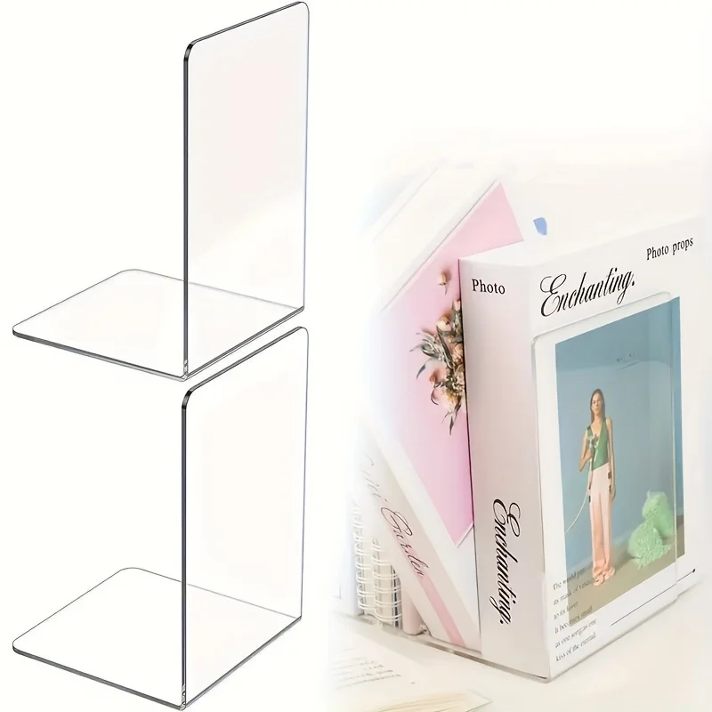 2Pcs Clear Acrylic Bookends L-shaped Desk Organizer Desktop Book Holder School Stationery Office Accessories