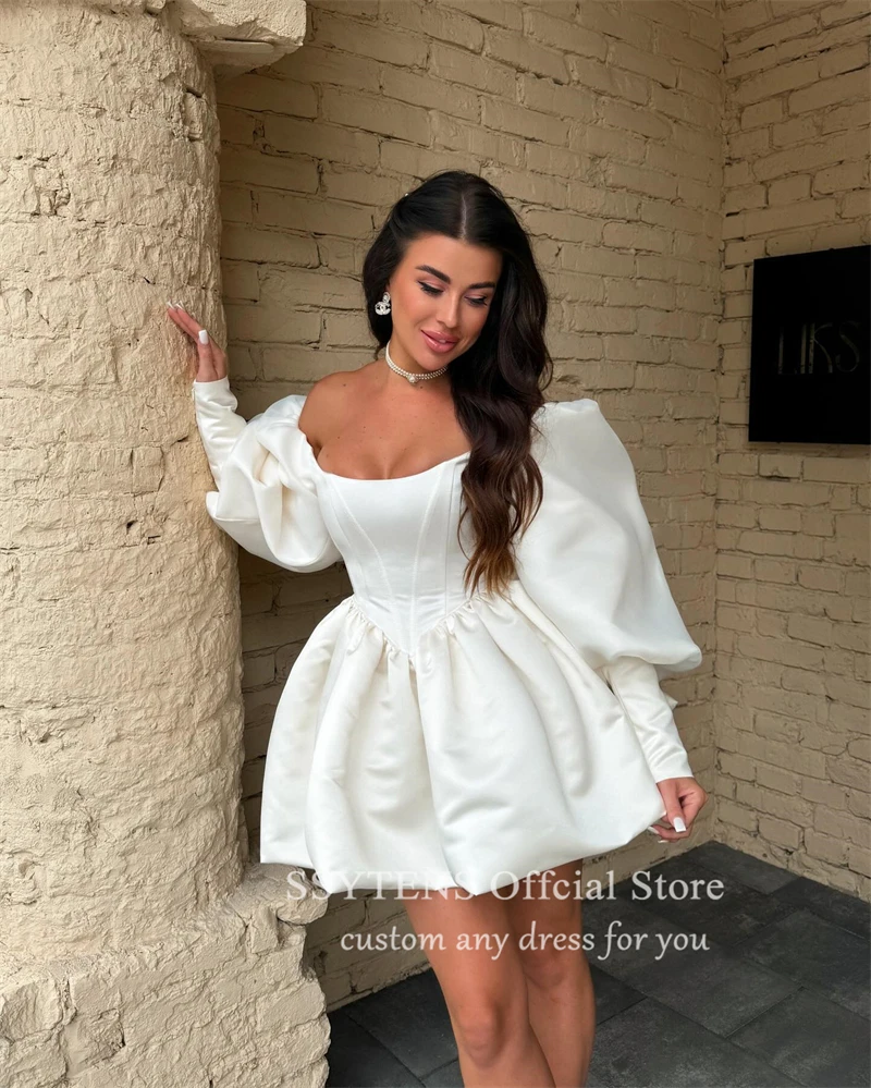 SSYTENS A Line Satin Short Wedding Dresses Long Sleeves Off The Shoulder Bridal Gowns Gorset Back Custom Bride Party Gowns 2025