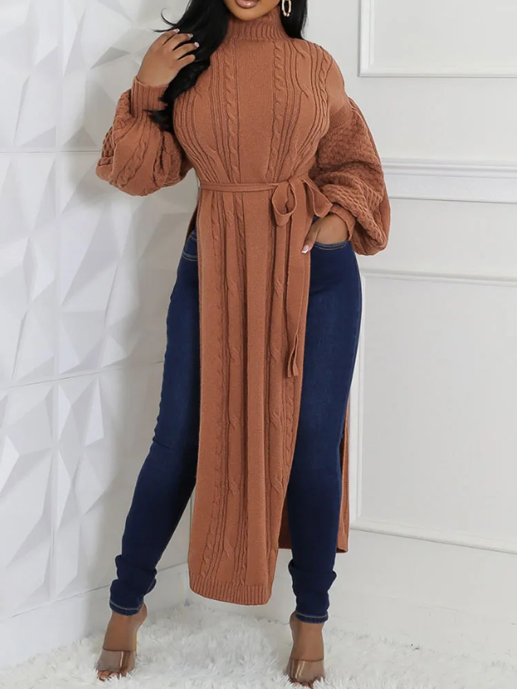 

High Neck Lantern Sleeve Bow Tie Waist Sweater Casual High Slit Knit Longline Top