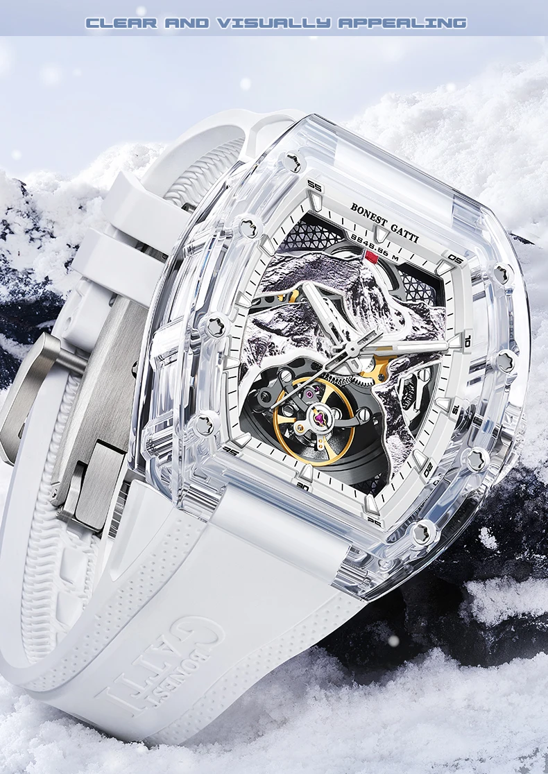 BONEST GATTI Men Automatic Watch 45mm Tonneau Crystal Case Mechanical 3D Mount Everest Luminous Dial Fluororubber Strap