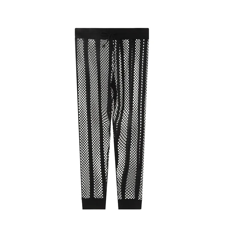 Pantalones largos eróticos para hombre, ropa de casa Sexy de rejilla con aliento atado al tobillo, pijama para dormir, cintura ancha, pantalones a rayas transparentes de malla hueca