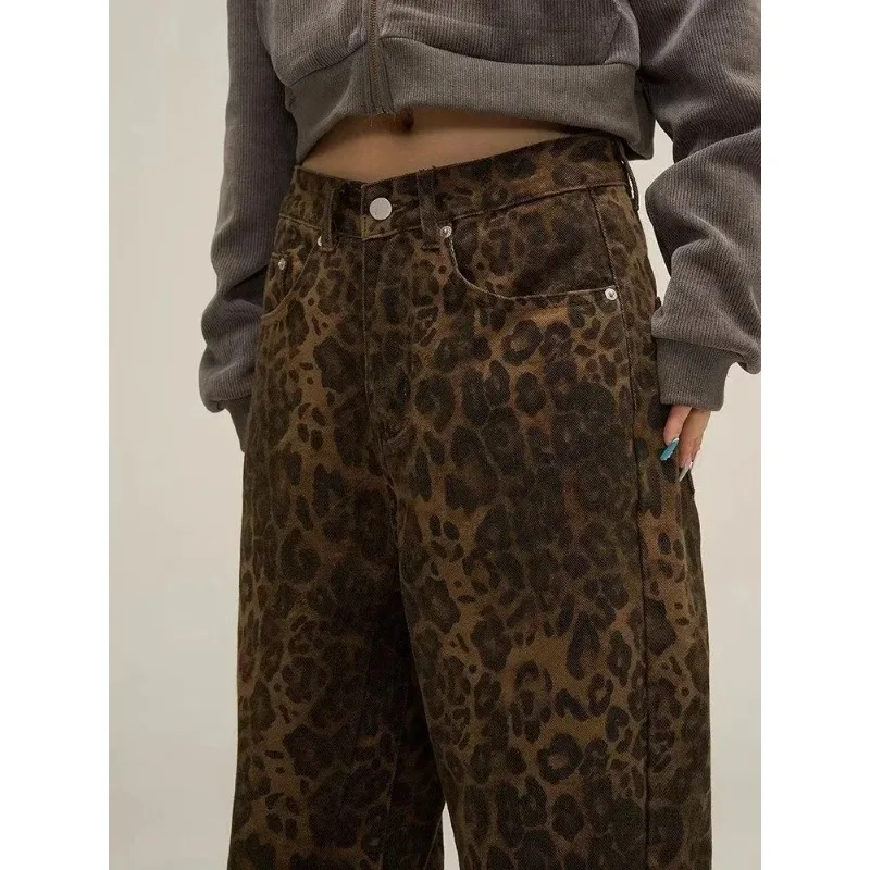 Women\'s Tan Leopard Jeans, Denim Pants, Female Oversize, Wide Leg Trousers, Streetwear, Hip Hop, Vintage Clothes, Loose, Casual