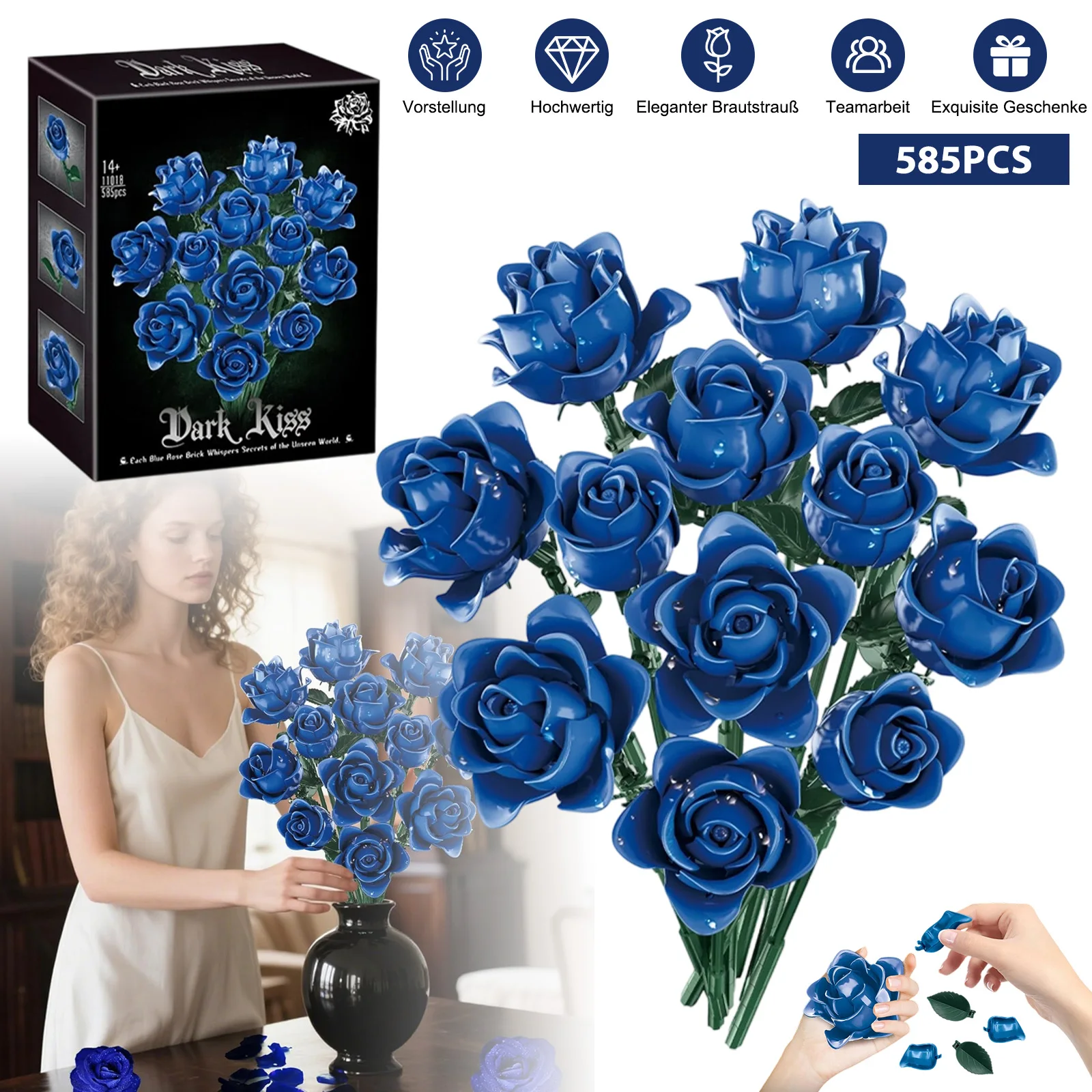 DIY Blaue Rosen-Bouquet-Bausteine, Künstliche Dauerblumen-Dekoration, Romantisches Geschenk für Verliebte, Deko für Zuhause, Büro und Studio