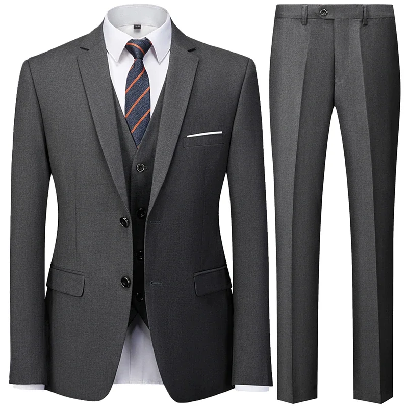 New Men's Wedding Solid Color Sinigle Breasted Casual Business Suit 3 Pieces Set / Male Two Button Blazers Trousers Pants Vest