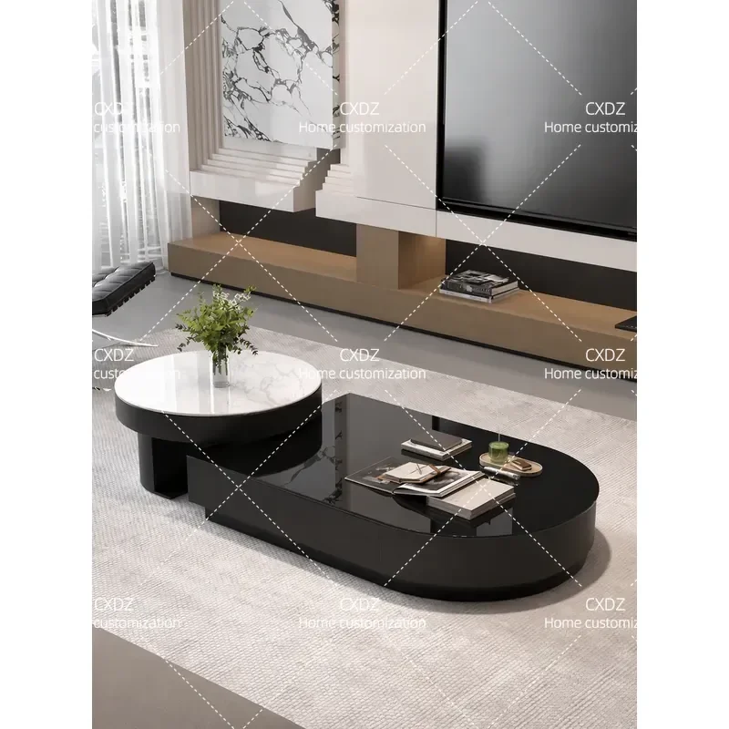 Modern Simple Oval Coffee Table Telescopic Glass and Rock Slab Splicing Design for Living Room Household Furniture