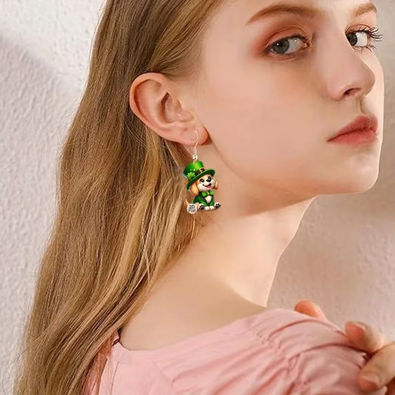 Green hat cartoon cute puppy earrings flat acrylic Patrick Clover earrings