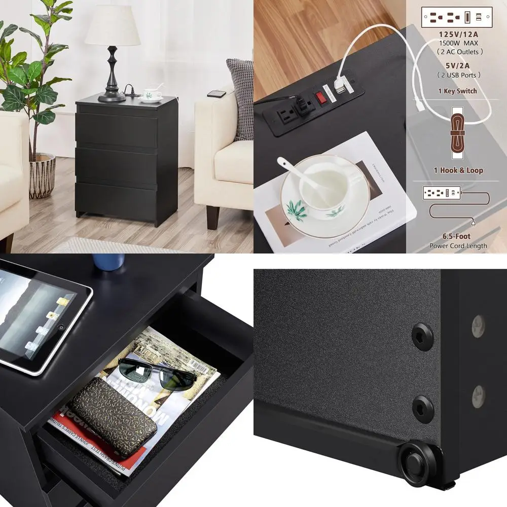 

Charging Station Nightstand, Wooden 3-Drawer Bedside Table with USB & Power Outlets for Compact Spaces