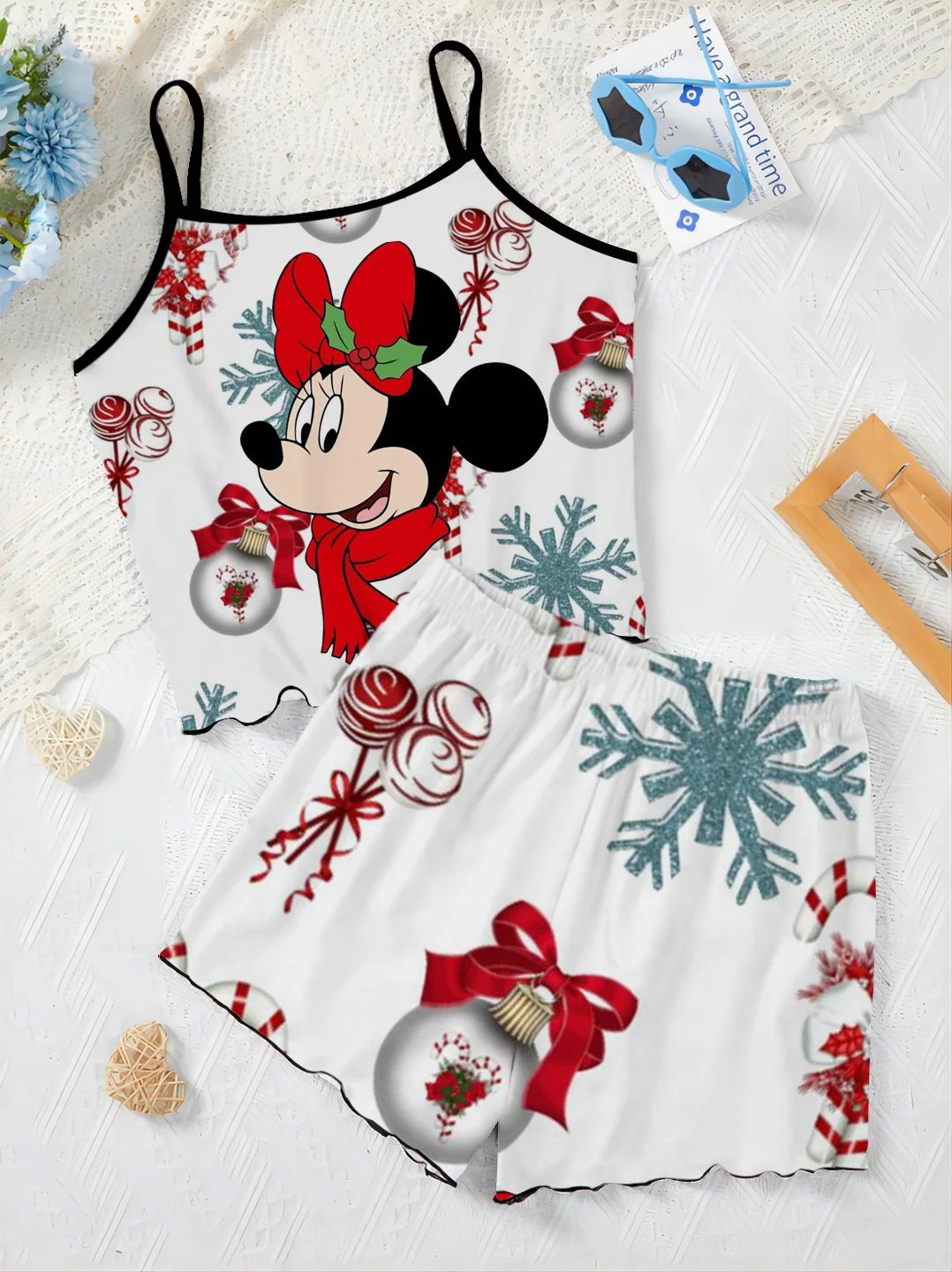 

Lettuce Trim Slip Dress Women's Suit Mickey T-shirt Short Sets Christmas Minnie Mouse Pajama Skirt Top Disney Pieces Elegant Top