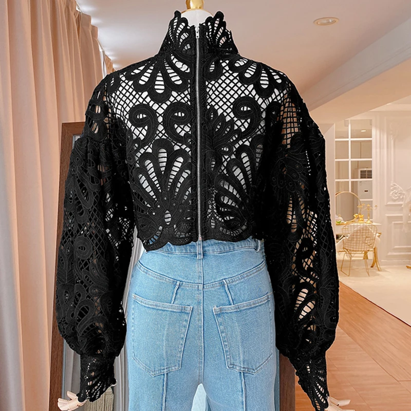 Spring Women Embroidery Hollow Out Sexy White Blouses Female Lantern Sleeve Stand-up Collar Back Zipper Blouse Short Shirts Tops