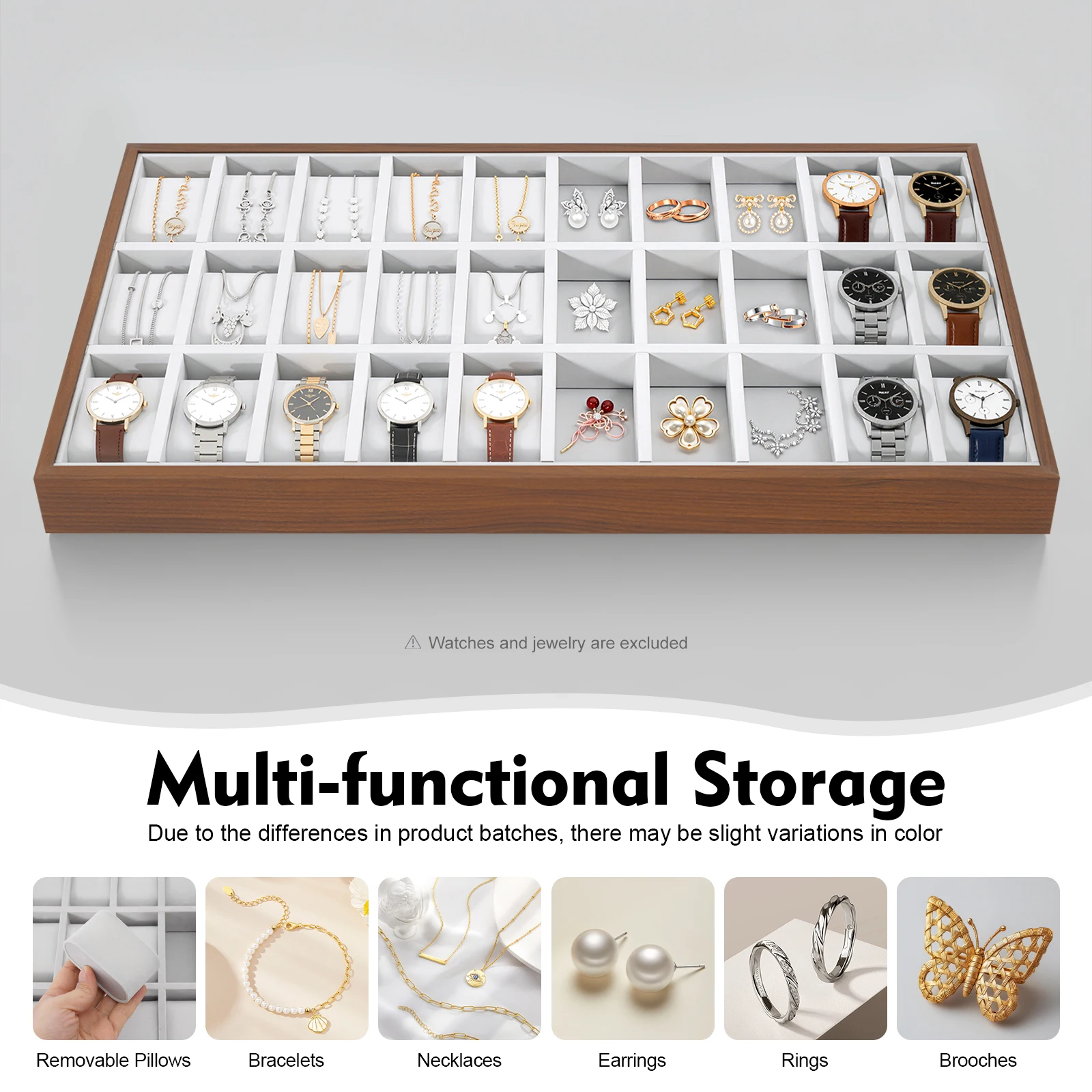 

30 Slots Box, Jewelry Display Case Organizer, W/ Suede Pad, for Watches, Bracelets, Necklaces, Earrings, Rings, 21.1 * 11.5"