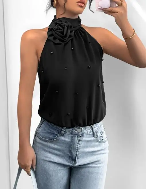 

Summer Hanging Collar Jumpsuit 3D Floral Three-Dimensional Decoration Nail Bead Design Semi High Collar Hanging Neck Jumpsuit
