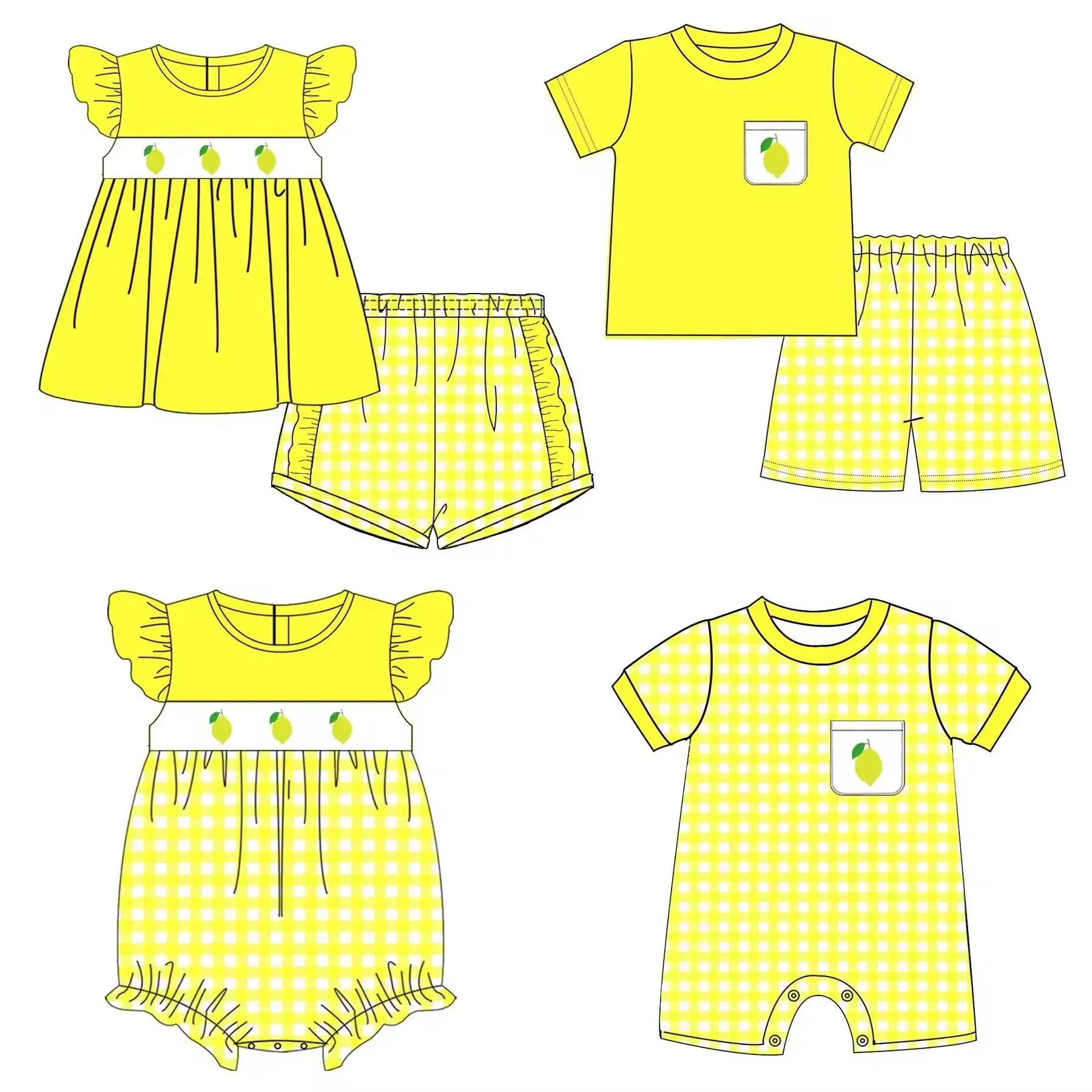 

New summer boutique pearl lemon print shorts lace girls boys plaid shorts set baby romper