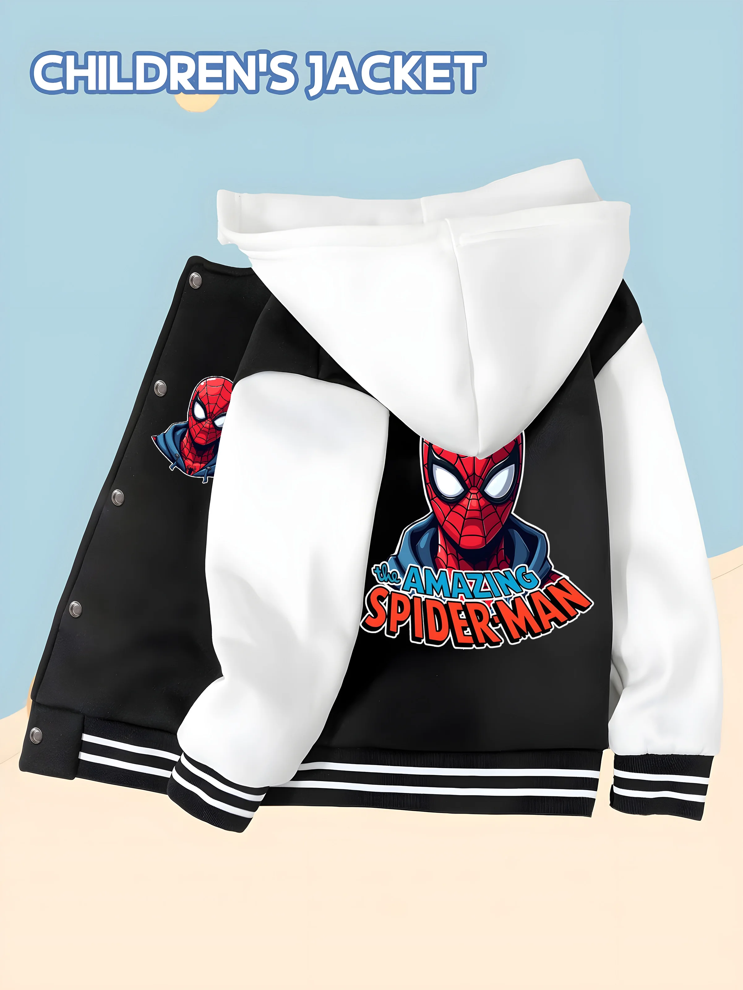

MINISO Marvel Boys' Baseball Jacket - Spider-Man Head Print, Double-Sided Pattern, Comfortable Fabric, Black and White, Trendy