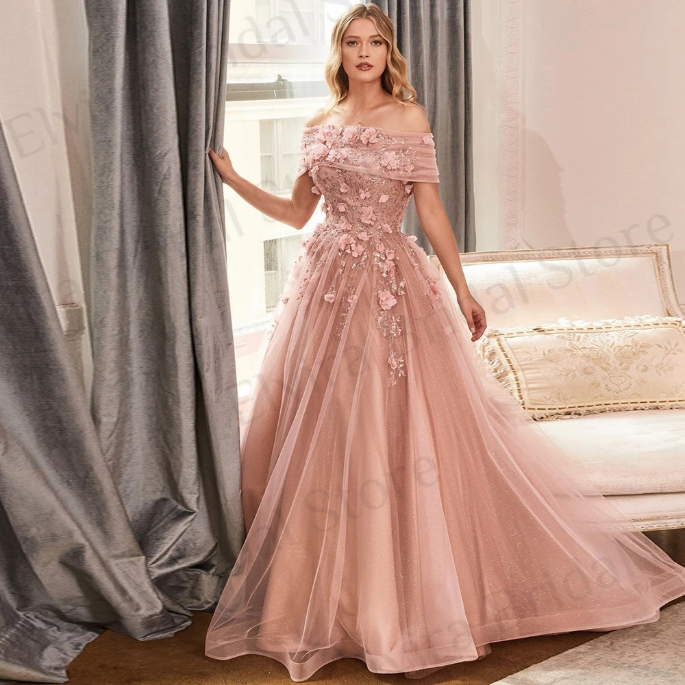 

Customized Romantic Flowers Evening Dresses A-Line Ladies Tulle with Sequins Beads Off The Shoulder Backless Strapless Sweep Tra