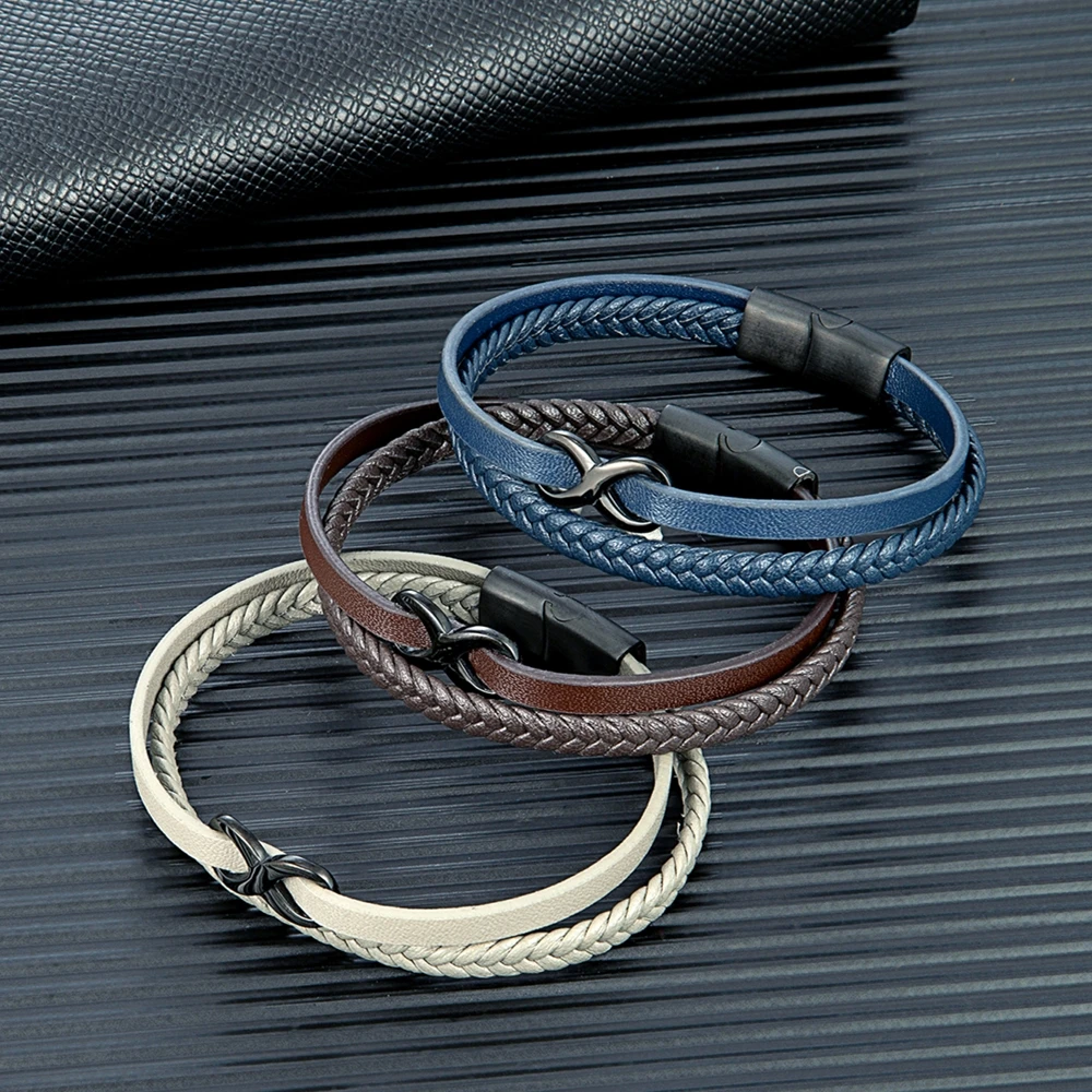 MKENDN Classic Men Multilayer Black Braided Leather Bracelets For Women Black Steel Friendship Infinity Love Knot Number 8 Gifts