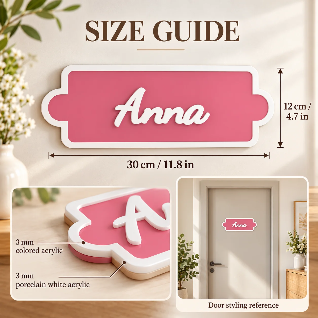 Personalized Acrylic Bedroom Name Sign Custom Raised White Letters Pink Adhesive Door Plaque for Kids Bedrooms Dorms and Studios
