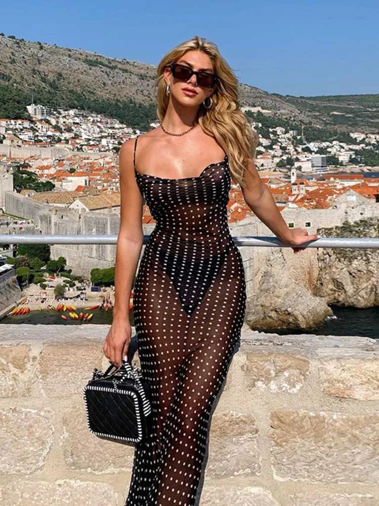 2024 Sleeveless Zip Up Bandage Point Print Mesh See-Through Maxi Dress Sexy Autumn Winter Women Party Club Clothings