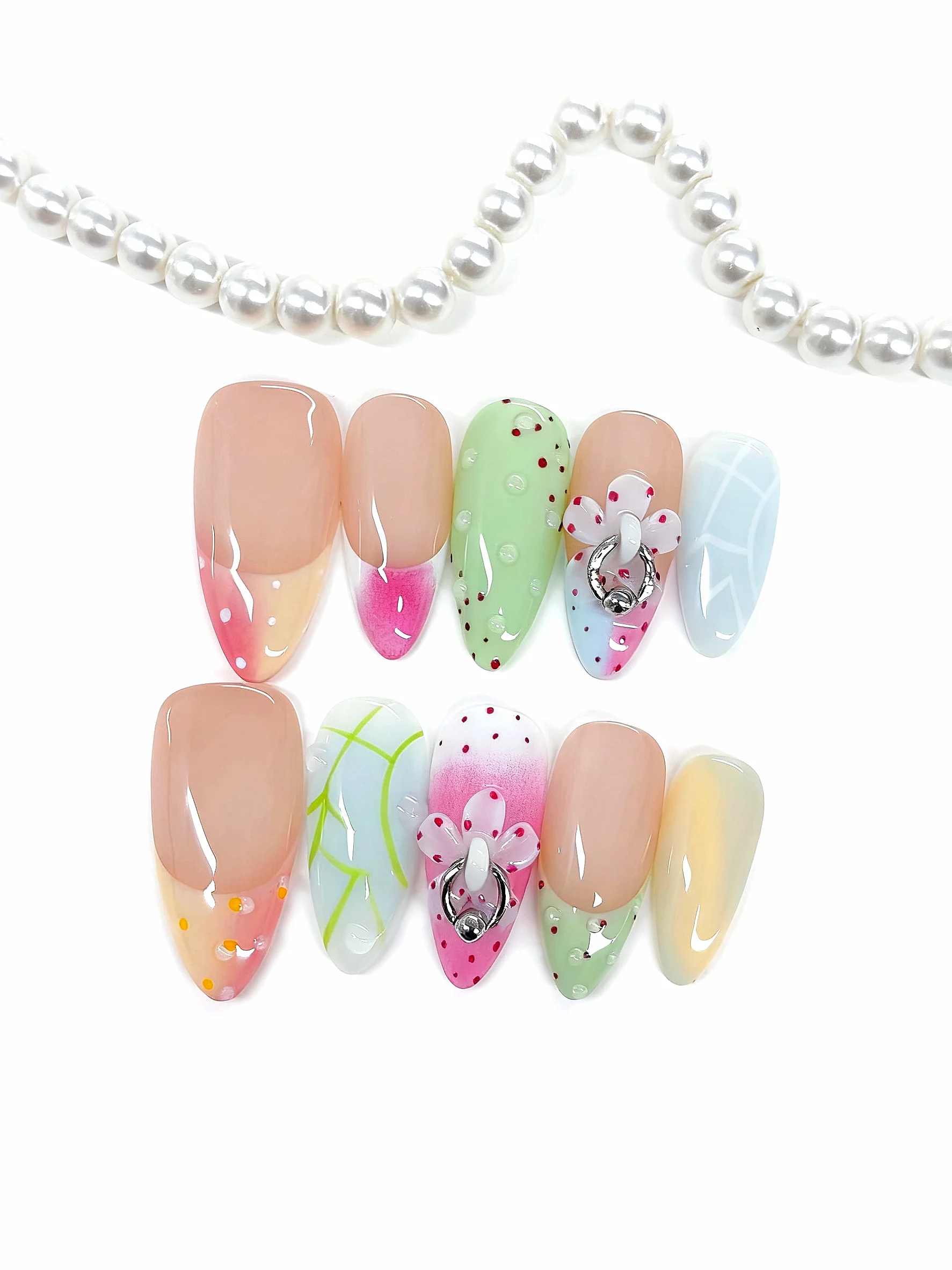 

Cute Floral Press on Nails with Metal Ring Accents - Pastel Colors（D532）
